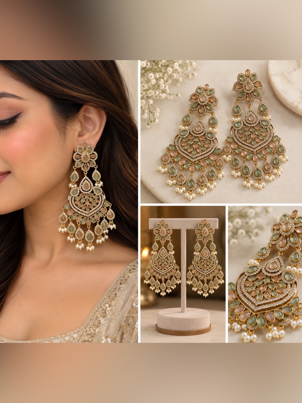 Gold Chandelier Earrings with Sage Green Accents - Women Jewelry